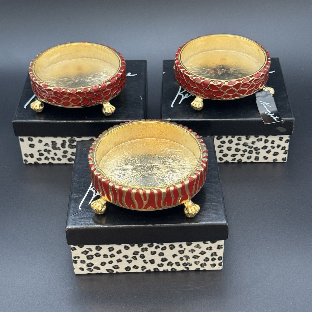 Kenneth Jay Lane Set 3 Red Enamel Gold Coasters Trinket Dishes W Boxes KJL Heavy